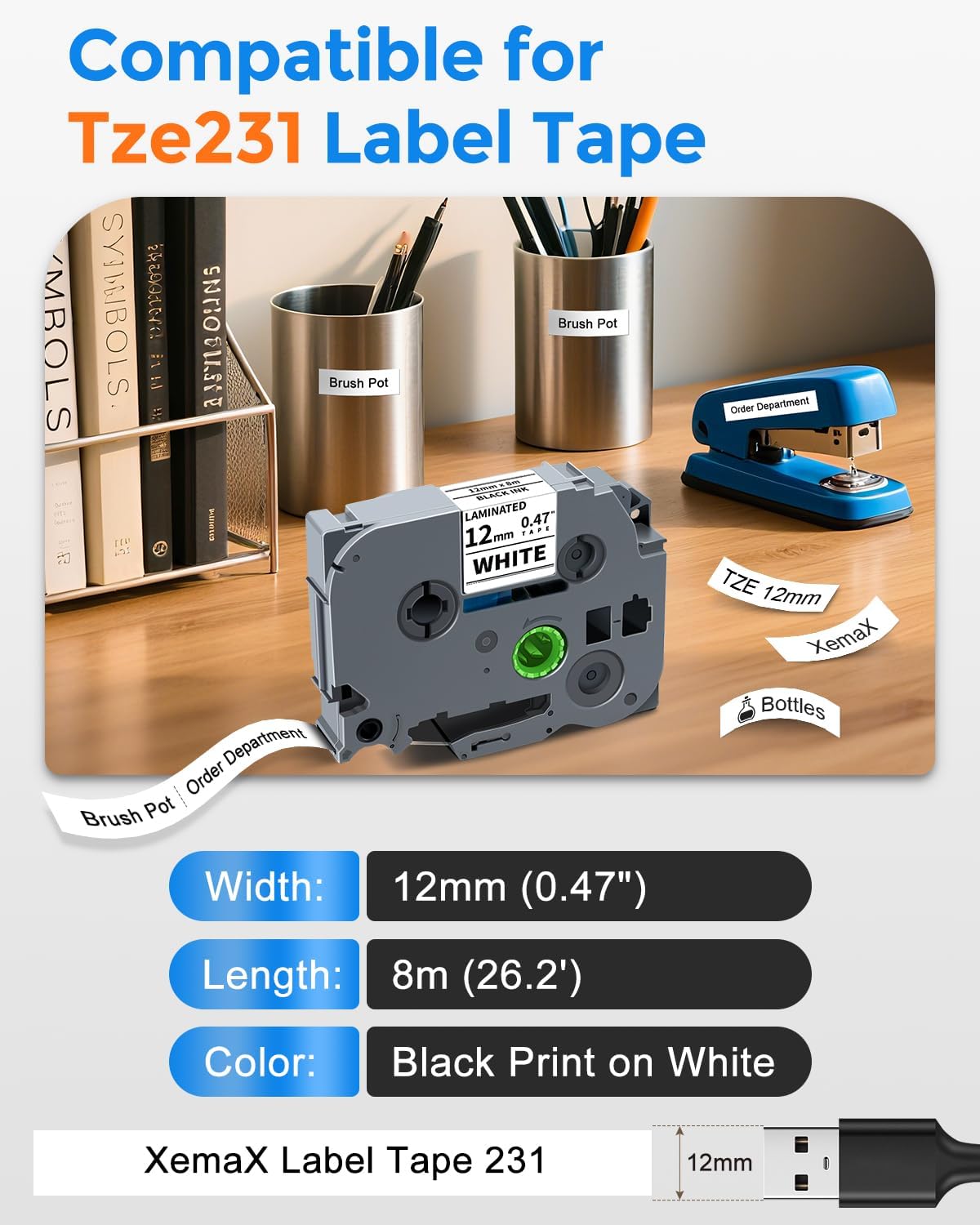 6-Pack Tze 12mm 0.47" Laminated Multi-Color Tz Tape Compatible with Brother P Touch Colored Label Tape Tze 131 231 431 531 631 731 Work for PTouch PT-H110 PT-D210 D220 D400 1290 Label Makers - Image 2