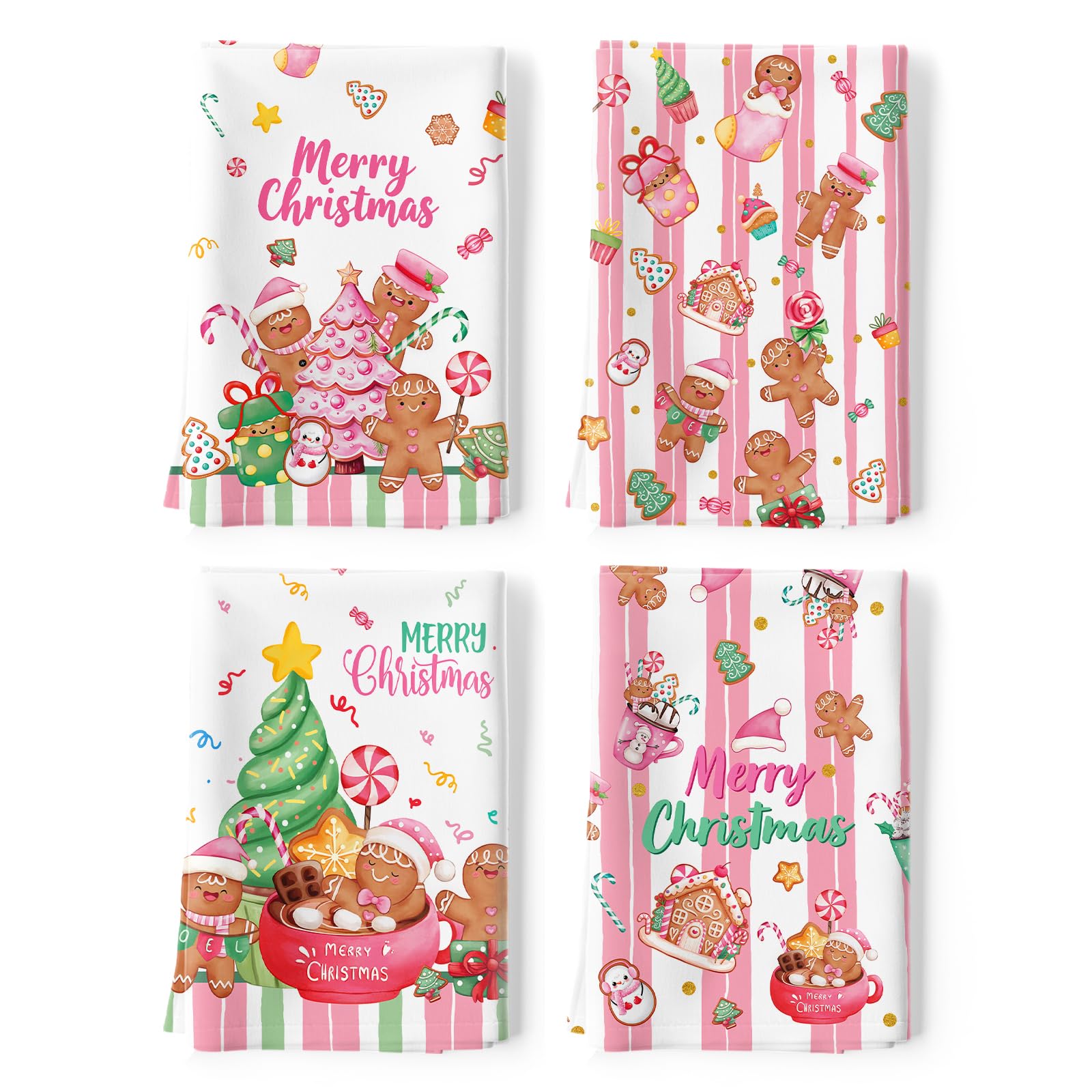Arquiel Christmas Gingerbread Tea Towels, Pink Cotton Kitchen Towel 48 × 70 cm, Quick Drying Dish Cloth for Party Anniversary Holiday Decoration Housewarming