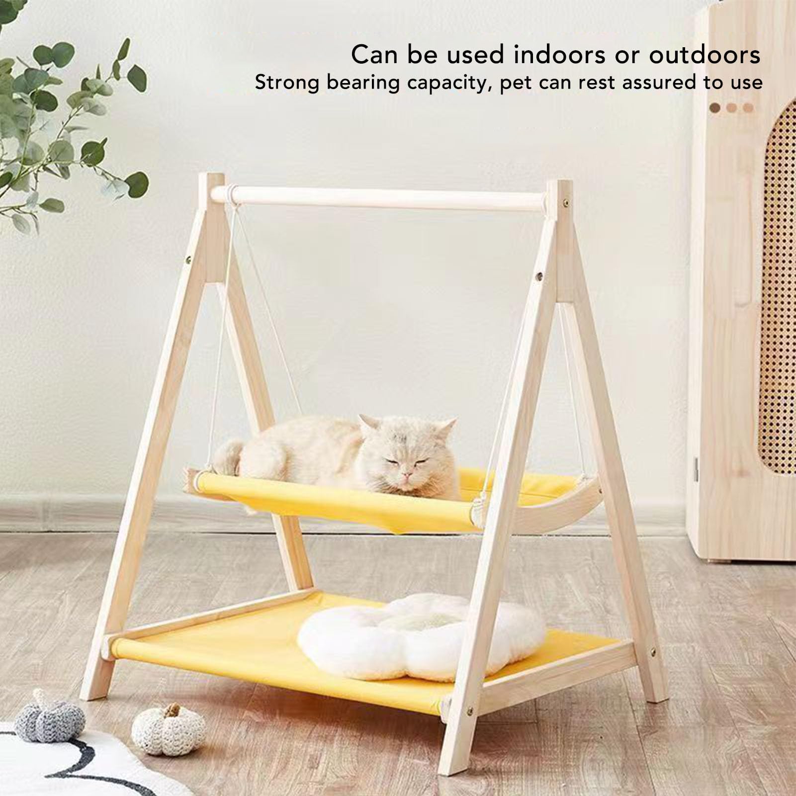 Lit Hamac Balançoire pour Chat, Lit surélevé pour Chat à 2 Couches avec Cadre en Bois, Forte capacité de Charge, Résistant aux Rayures, Jouets Balançoire Debout pour Chaton et