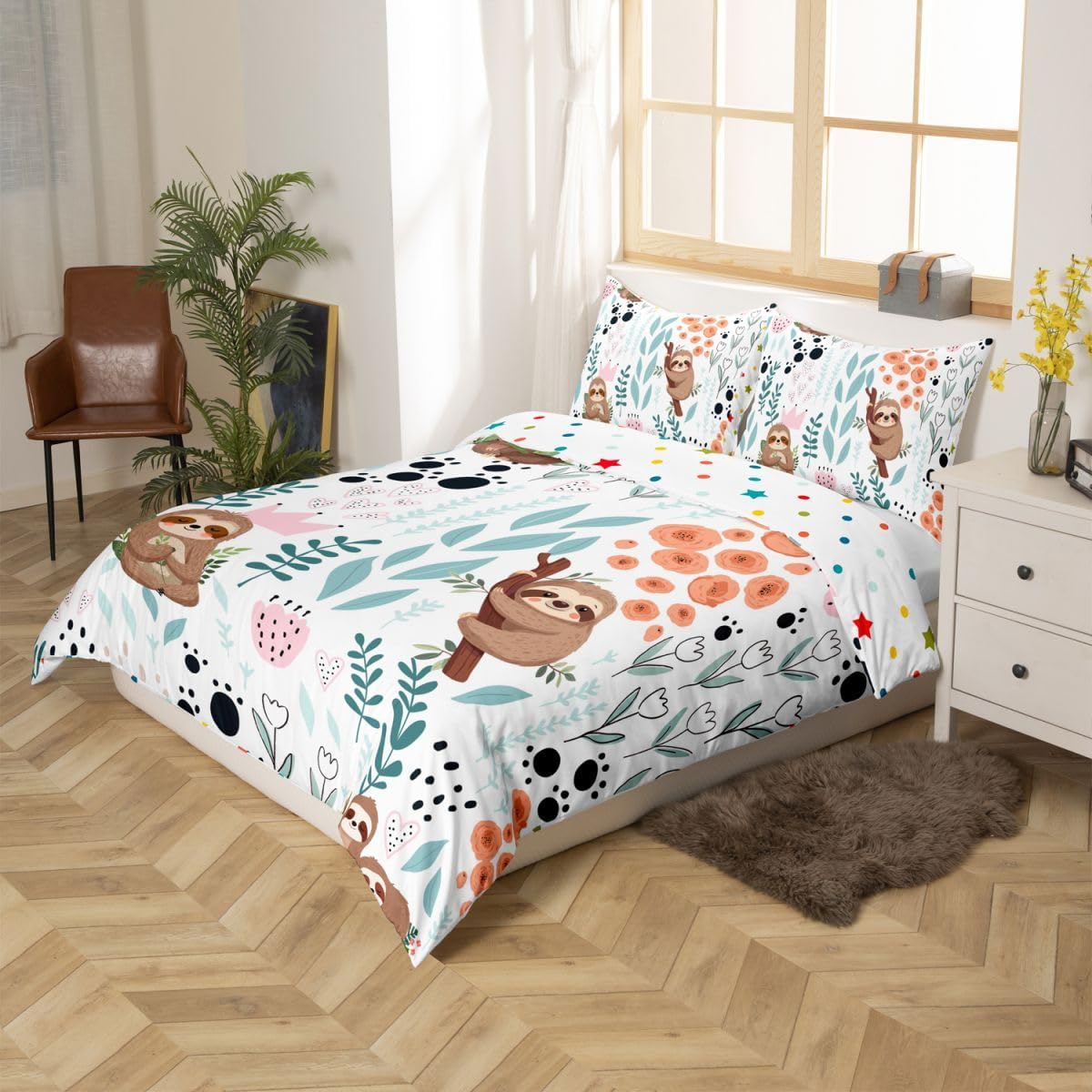 Erosebridal Kawaii Sloth Bedding Set,Cartoon Sloth Duvet Cover Twin,Cute Love Heart Leaf Flower Comforter Cover for Kids Girls Boys,Paw Print Animals Bed Set with 1 Pillow Case