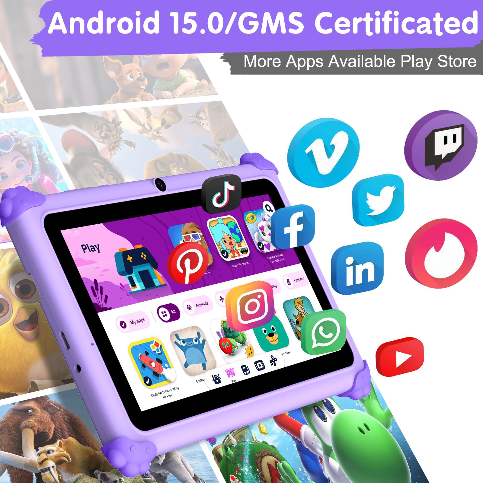 ascrecem Tablet Bambini 7 Pollici Android 15 Tablet per Bambini con 2.4G+5G WiFi6 Penta Core 6GB RAM 32GB ROM Tablets Bambina Doppia Fotocamera 128GB Espandibile Controllo Parentale (Viola)