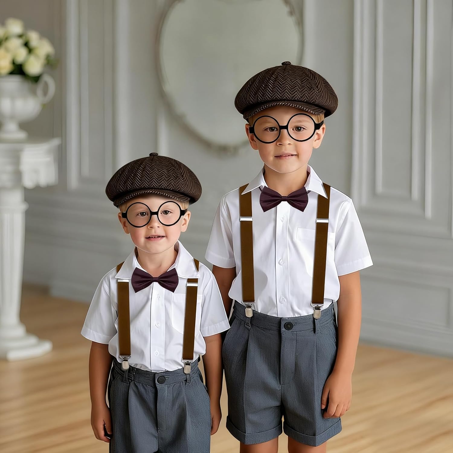 4Pcs Kids Boys Suspenders Bowtie Set with Black Glasses Newsboy Cap for Boy Girl Wedding 100 Days of School Costume