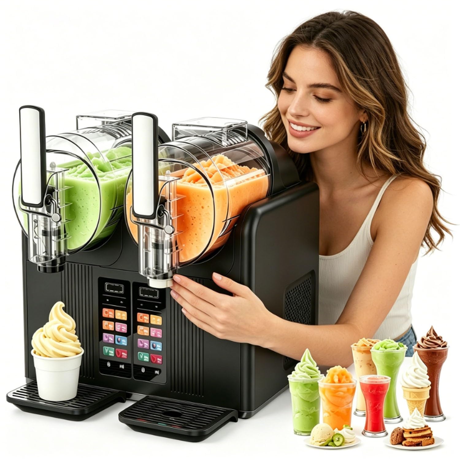 Slushie Maker Maschine, 430W 2L Doppelschüssel Frozen Drink Maker Selbstkühlend mit 7 voreingestellten Programmen & Auto-Clean, kein Eis erforderlich