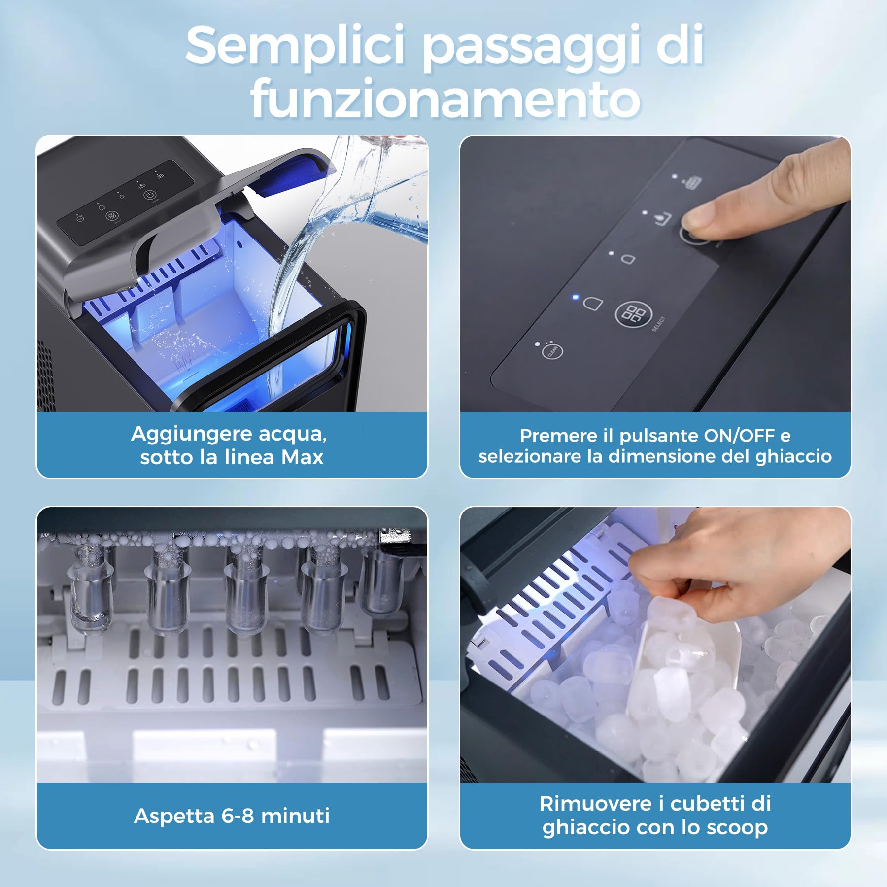QEXREED Macchina per cubetto ghiaccio piccola 12 kg/24 h, 9 cubetto in 6 minuti, autopulente con paletta e cestello, 2 misure, nero