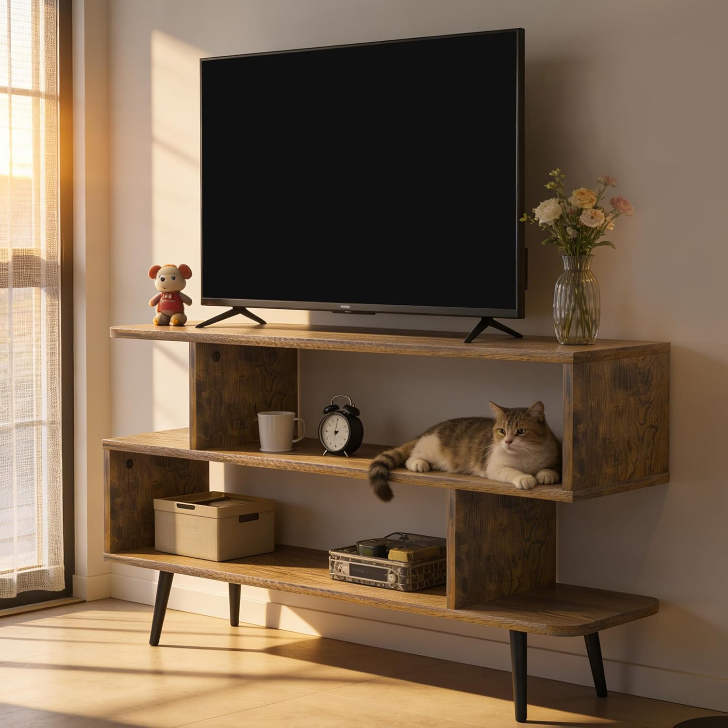 Lightdot TV Stand for Living Room, 45 inch tv Stand Mid Century Modern Entertainment Center for 55/60 inch TVs, TV Console Table with Open Storage Shelves, TV Stand for Bedroom, Dresser, Living Room