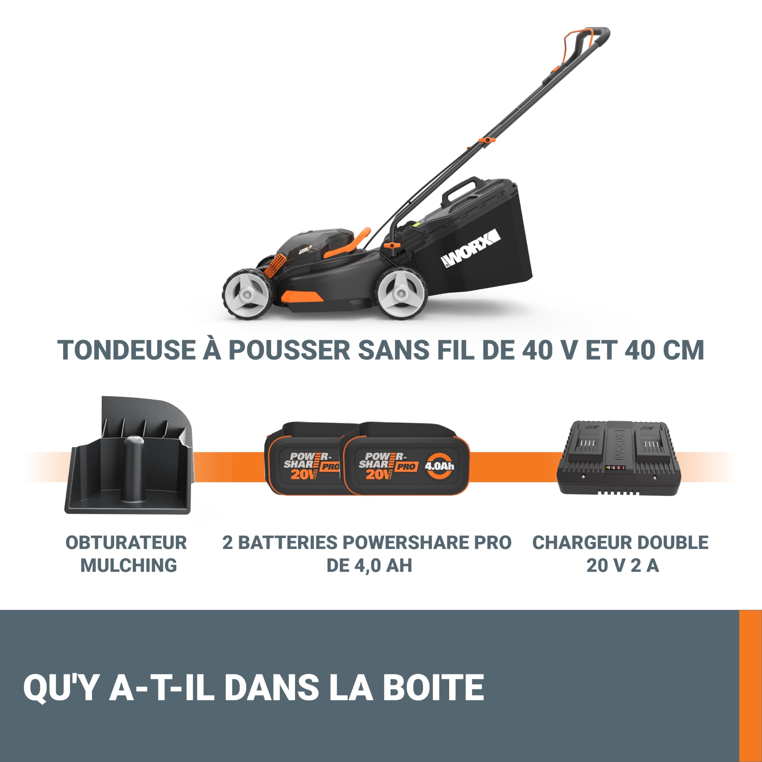 WORX Tondeuse à Gazon sans Fil 40V(2 x 20V) Max WG734E 40cm jusqu'à 500m²