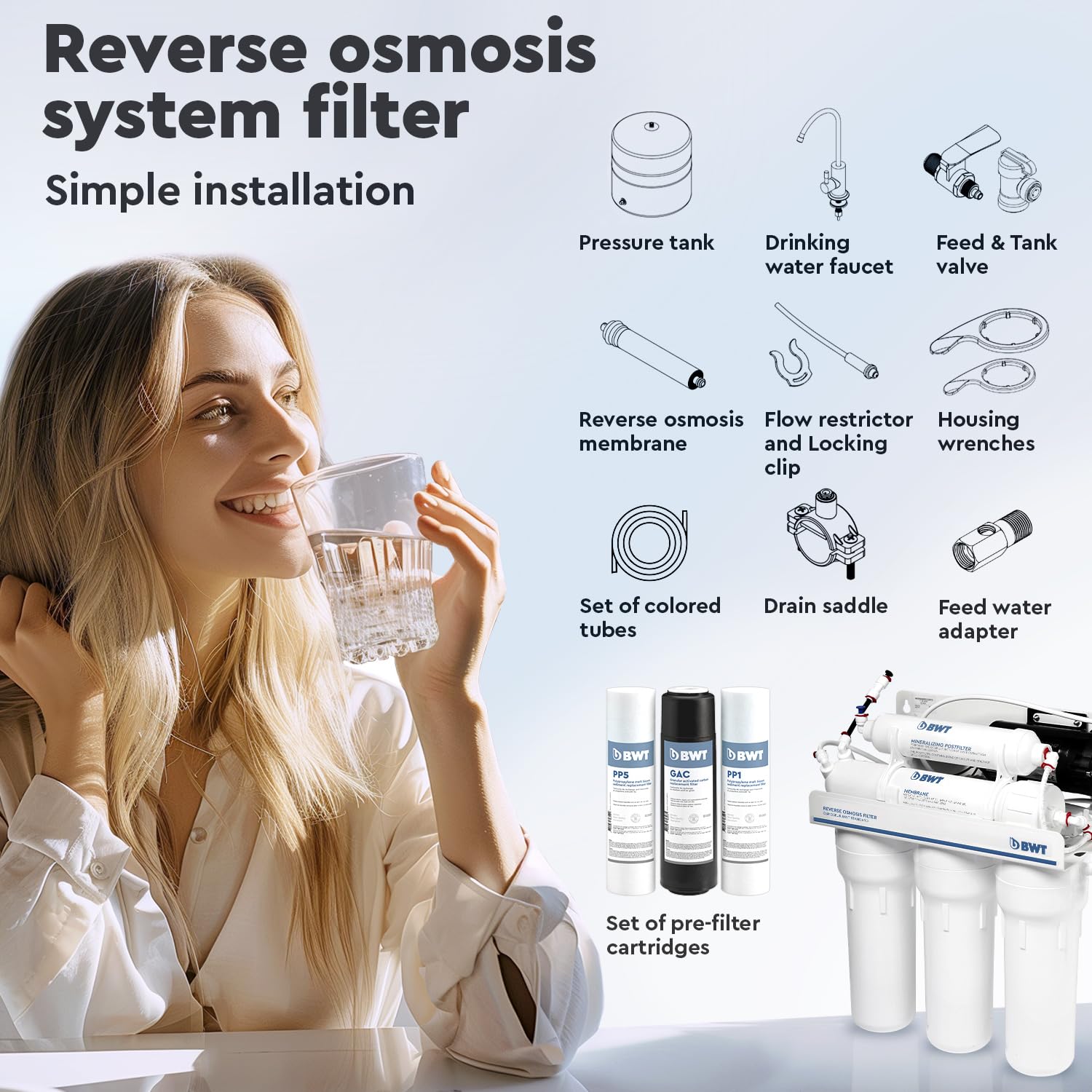 Sistema ad osmosi inversa domestico BWT MO575MPBWT – Con pompa per una pressione di ingresso di 2-5 bar – 5 stadi con REMINERALIZZATORE – 75 GPD, portata di 11,8 l/h, serbatoio da 12 L
