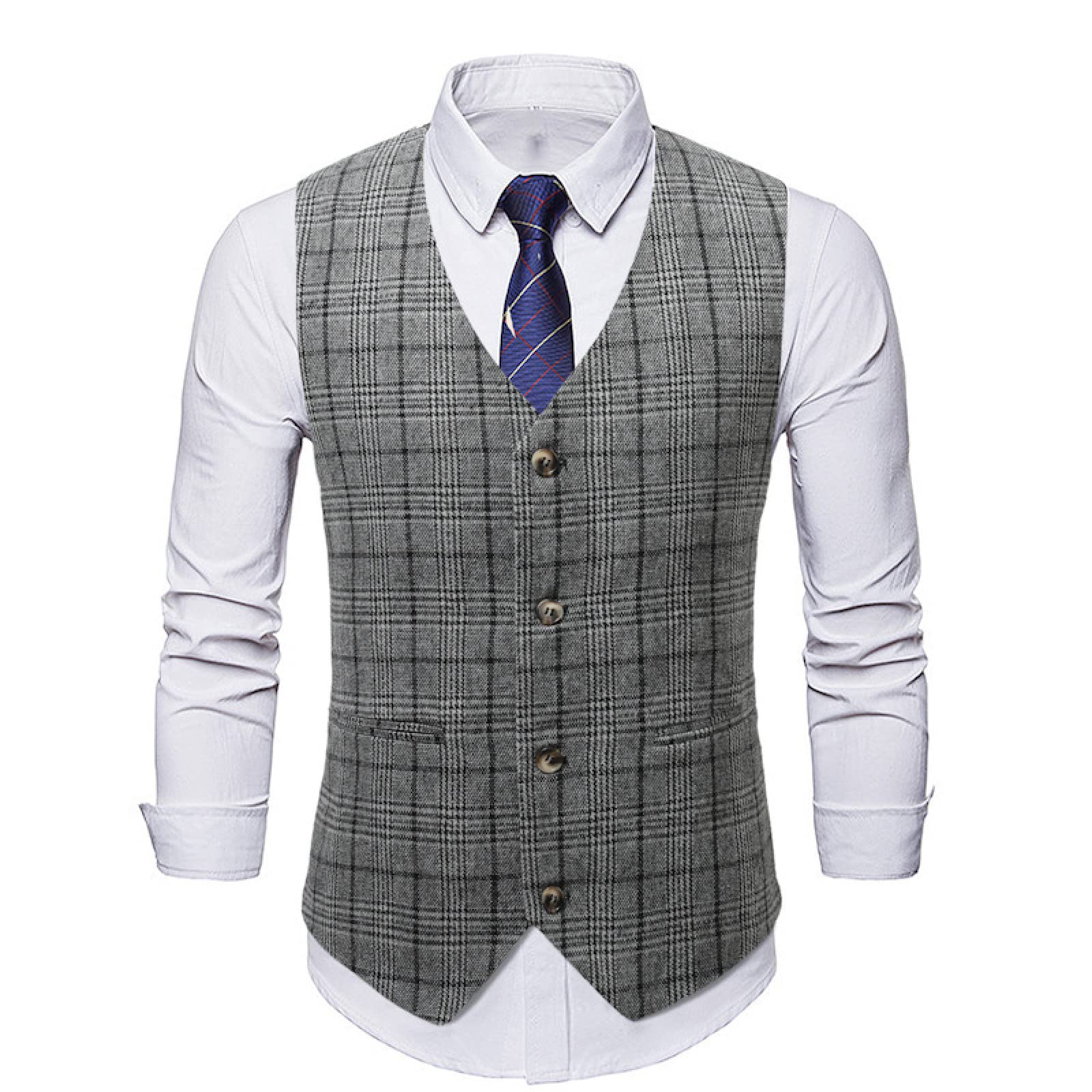 SHACE Herren Anzugweste - Plaid Herringbone Tweed V-Ausschnitt Einreiher Anzug Weste Herren Business Gentleman Weste Party Hochzeit Prom Smoking Weste Grau S