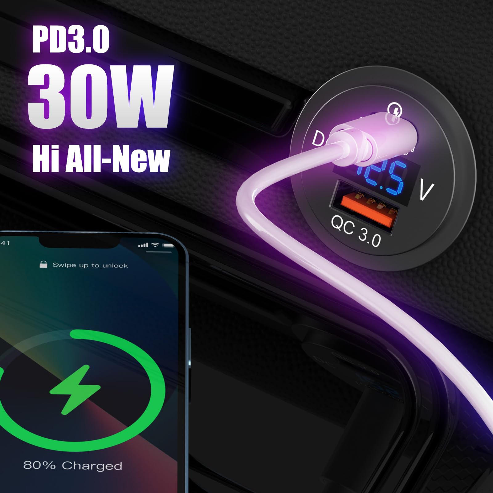60W PD Type C/QC 3.0 USB Charger With Button Switch LED Voltmeter Power Outlet Fast Charging For 12V 24V Car Truck Motorcycle RV - View #4