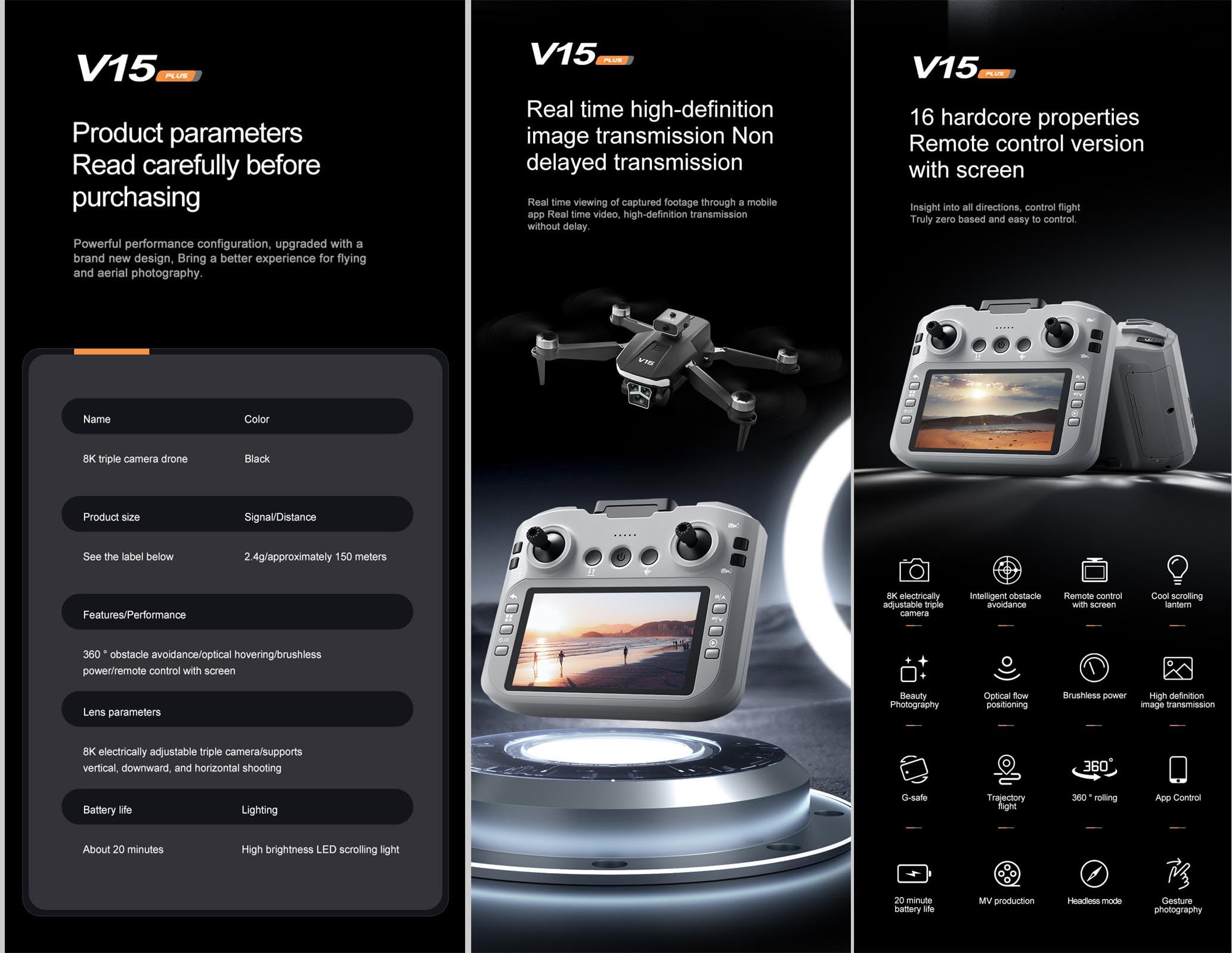 V15 MAX Drohne 8K Professionell Mit Bildschirm WiFi FPV Hindernisvermeidung Bürstenloser Motor Fernsteuerung Quadcopter