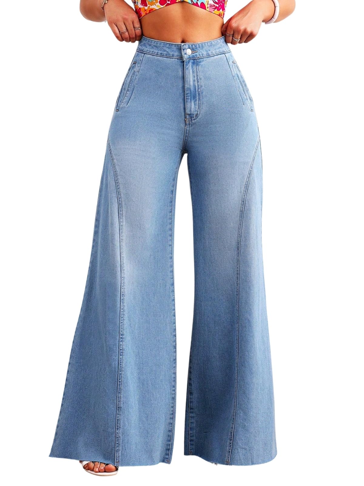 Flared Wide Leg Jeans for Women High Waist Stretchable Denim | Fit and Flare Raw Hem Cotton Spandex Bottom (WJ-2702-$)-image-26