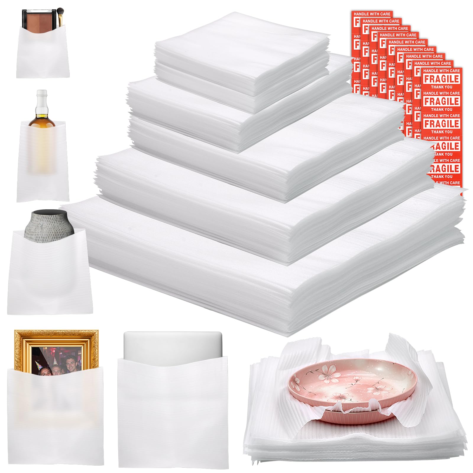 Photo 1 of 160 Pcs Packing Moving Foam Pouches & Sheets, 5 Sizes Cushion Foam Wrap Pouches with Fragile Stickers for Protect Dishes Cup Glasses Storage Supplies (7.8X7.8", 7.8X12", 12X12", 14X14", 16X16")