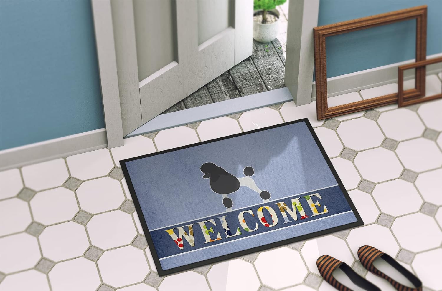 Caroline's Treasures BB5543JMAT Poodle Welcome Doormat 24x36 Front Door Mat Indoor Outdoor Rugs for Entryway, Non Slip Washable Low Pile, 24H X 36W