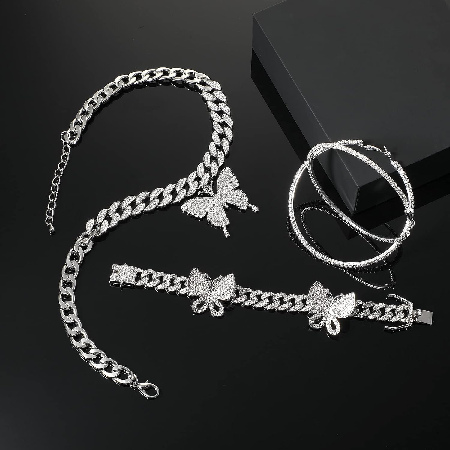 3 Pcs Butterfly Cuban Jewelry Set Cuban Link Chain Necklace for Women Rhinestone Pendant Necklace Bracelet Large Hoop - Image 2