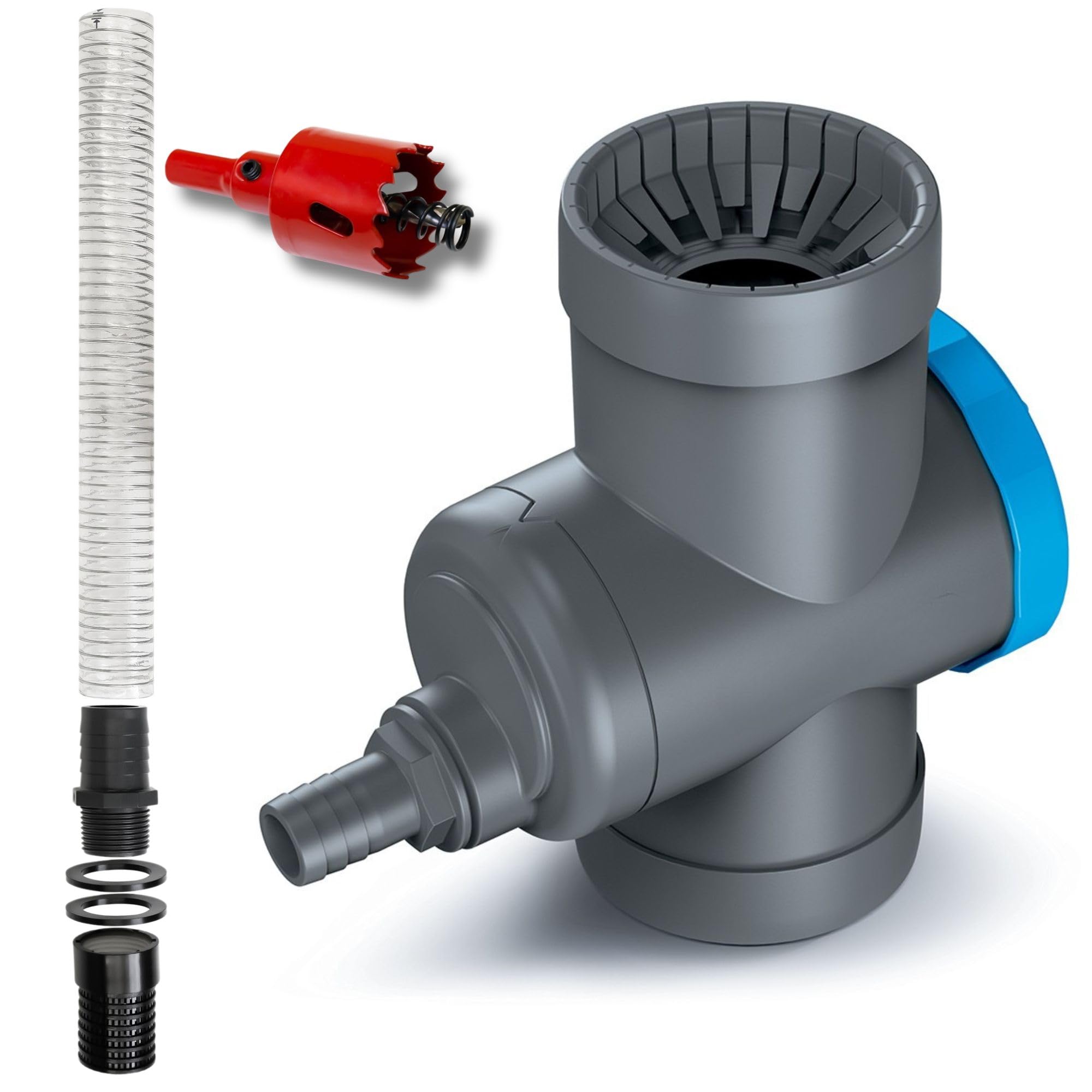 YourCasa Colector de lluvia [Downpipe] con manguera de conexión de 30 cm y paso de barril de lluvia, tope de desbordamiento, grifo de paso y filtro de metal, tubo bajante de 68 – 110 mm DN100 desagüe
