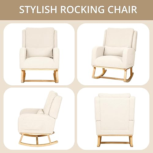 Miniatura 11 de Mecedora para guardería con almohada, mecedoras de tela de peluche con respaldo de alas y reposabrazos, 2 bolsillos laterales integrados, cómoda