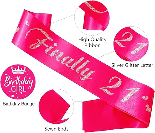 Miniatura 2 de Banda de cumpleaños número 21, bandas suaves de satén rosa intenso con letra plateada con purpurina, decoraciones de cumpleaños para niñas,