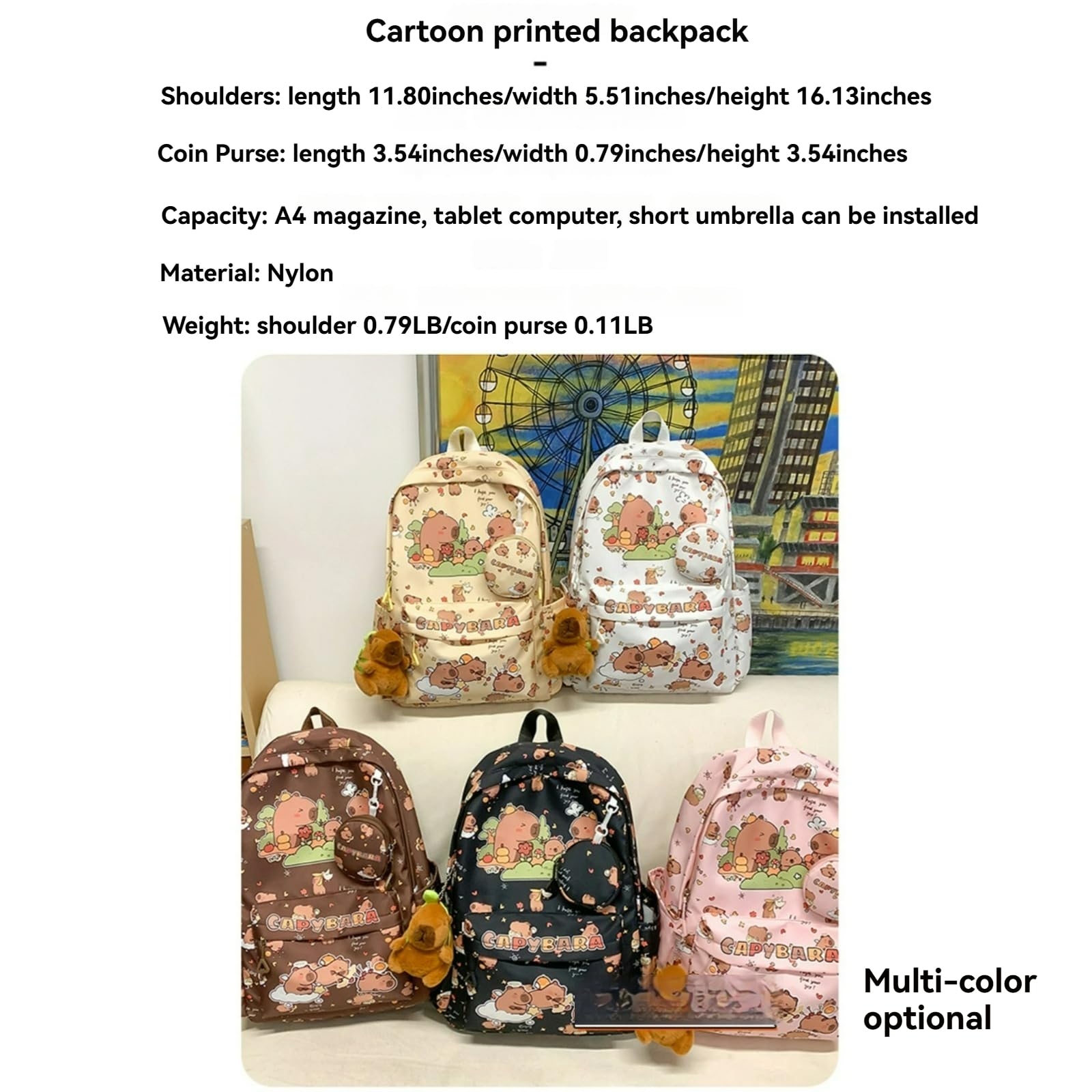 BlingKicks Capybara Fashionable Print Large Capacity Backpack with Pins, Accessories and Coin Purse for Adults Ita Bag (Yellow)