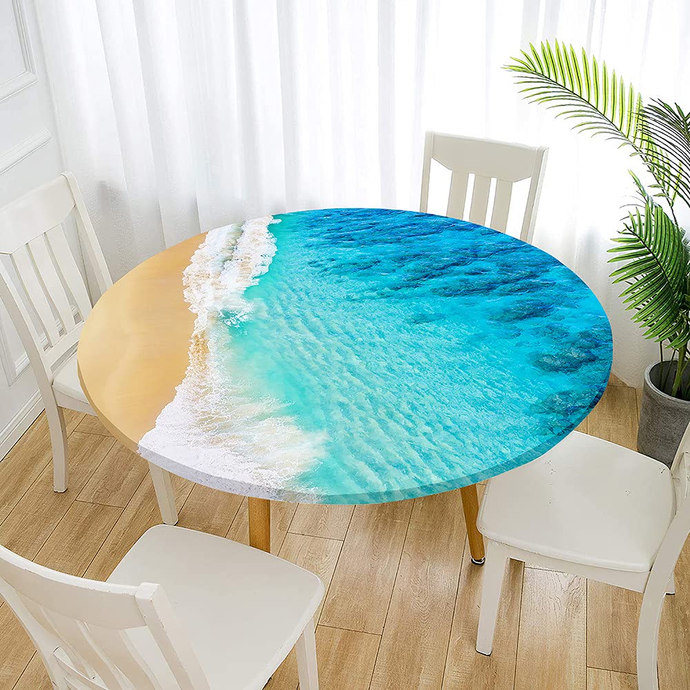 FANSU Protège Table Elastiqué Rond Nappe Anti-Taches Motif Requin 3D Pour La Maison Patio Deck Table À Thé Cuisine Salle À Manger Décoration De Mariage De Fête (Vagues,Diamètre 90cm