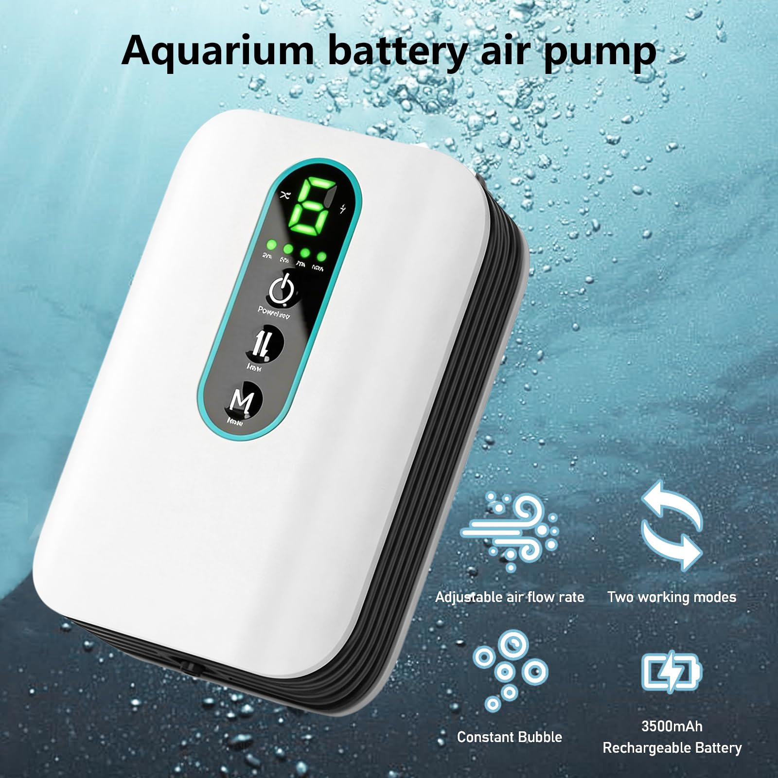 Pompe à air pour aquarium Behogan, pompe à oxygène rechargeable de 1,8 W avec 1 sortie, deux modes d'alimentation en oxygène, pompe à oxygène silencieuse pour aquariums, débit d'air réglable sur 6 niv