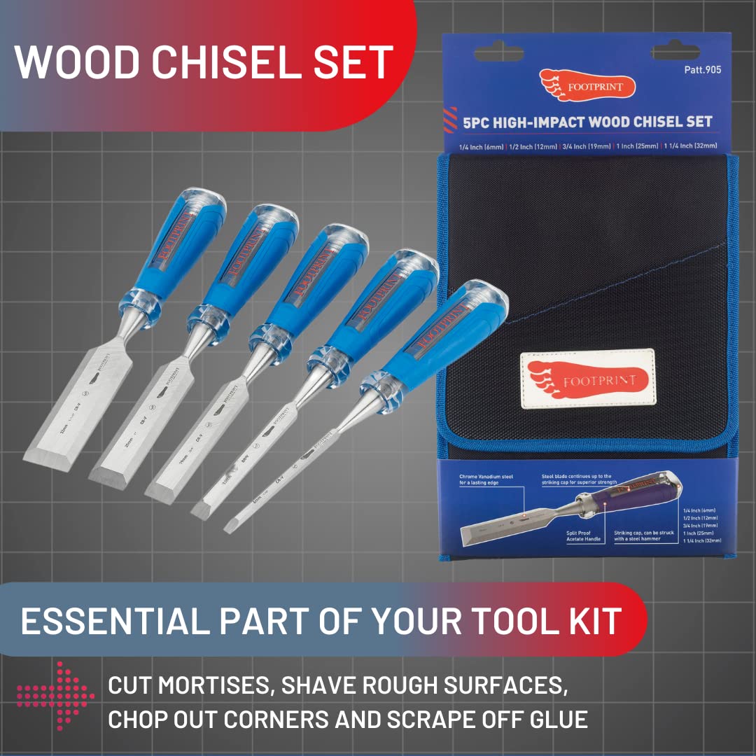 Footprint Lot de 5 burins à bois en chrome vanadium avec plaque de frappe pour marteaux en acier pour couper les mortaises/coins, raser ou racloir. Outils essentiels pour le travail du bois.