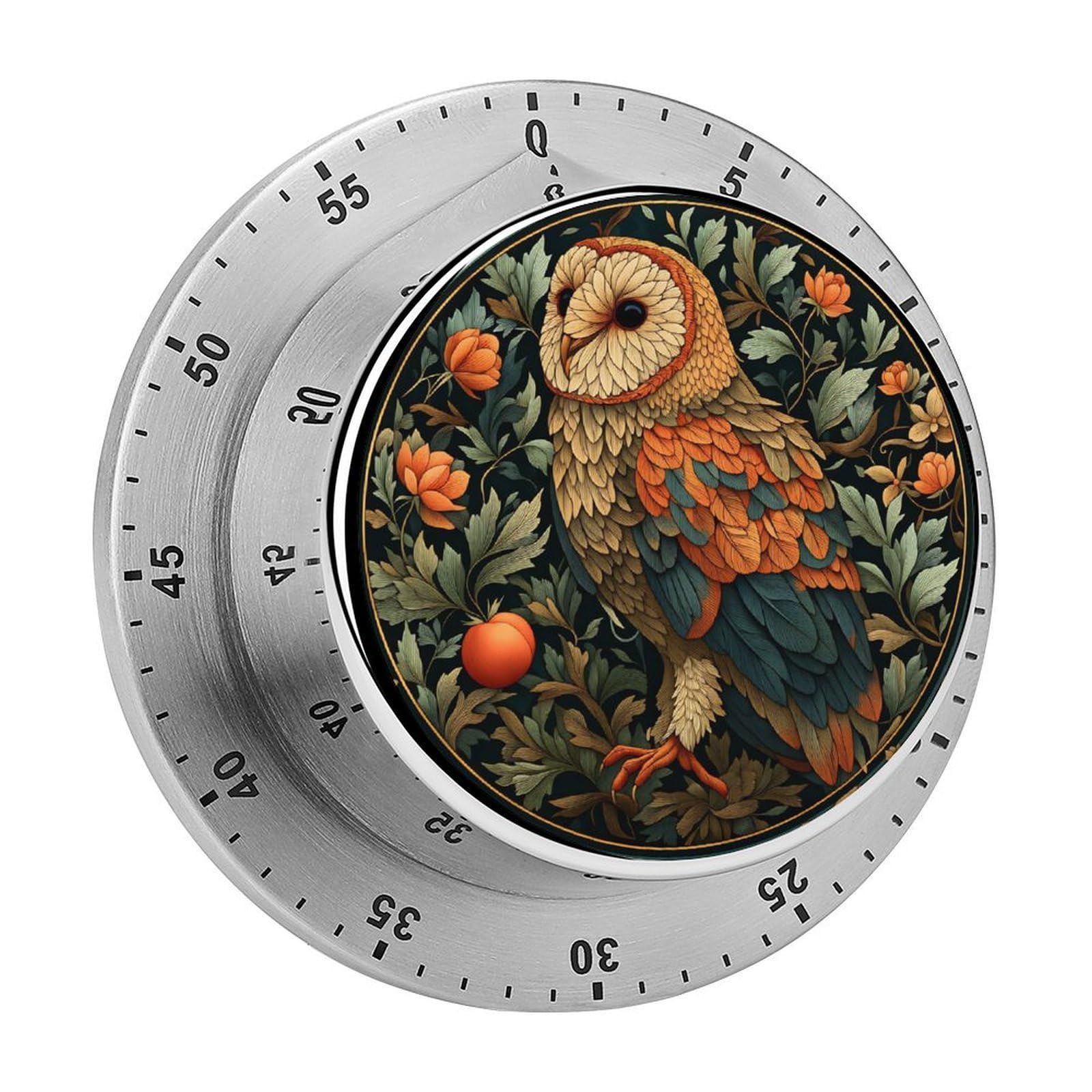 Barn Owl Floral Vintage 60 Minute Wind Up Timer,Visual Mechanical Magnetic Timer with Loud Alarm for Kitchen
