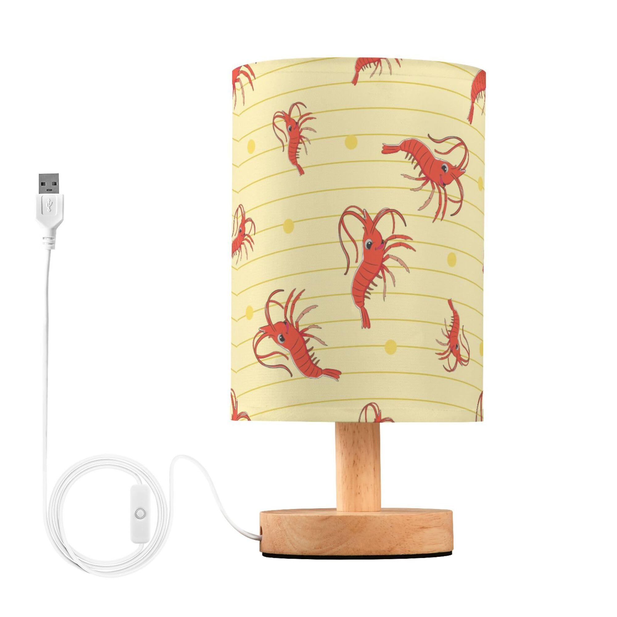 YYZZH Table Lamp Cartoon Shrimp Animal Wave Stripe Nightstand Lamp with Wood Base Fabric Lamp Shade Bedside Desk Lamp for Living Room Bedroom Kids Room Office