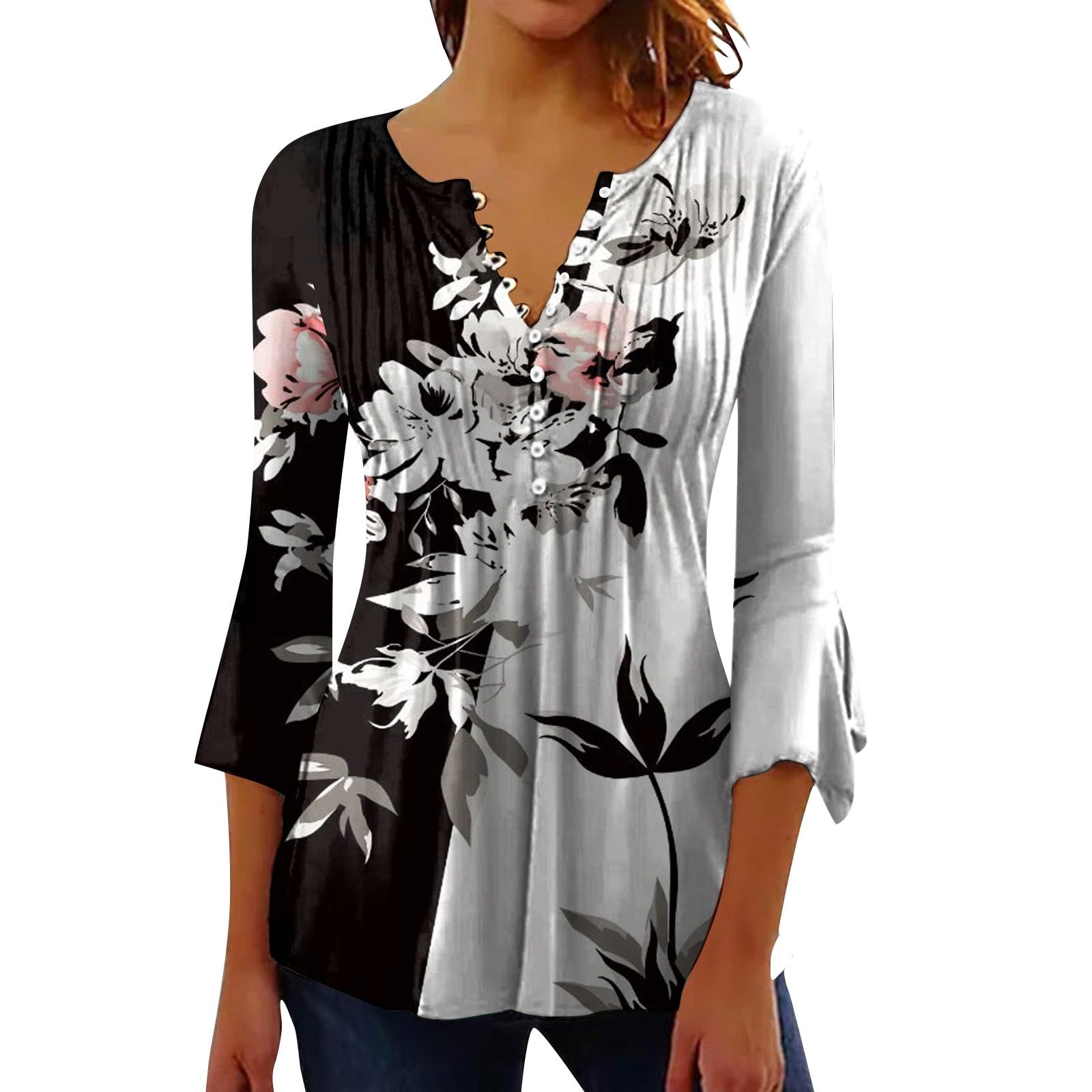 Womens Tops, Women's 3/4 Sleeve Tops Hawaii Button Down V Neck T-Shirt Flower Printed Pleated Blouses Sexy Summer Tops 2024