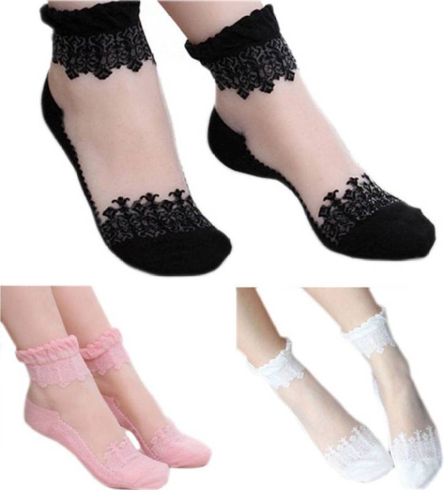 90% acrylic Nylon and 10% cotton Ultrathin Transparent Beautiful Crystal Lace Elastic Socks For Women - 3 Pair - Black, Pink & White-image-6
