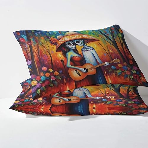 Miniatura 3 de Day of The Dead - Juego de sábanas divididas tamaño King para cama ajustable, sábanas de esqueleto, sábanas y fundas de almohada, juego de 5 piezas