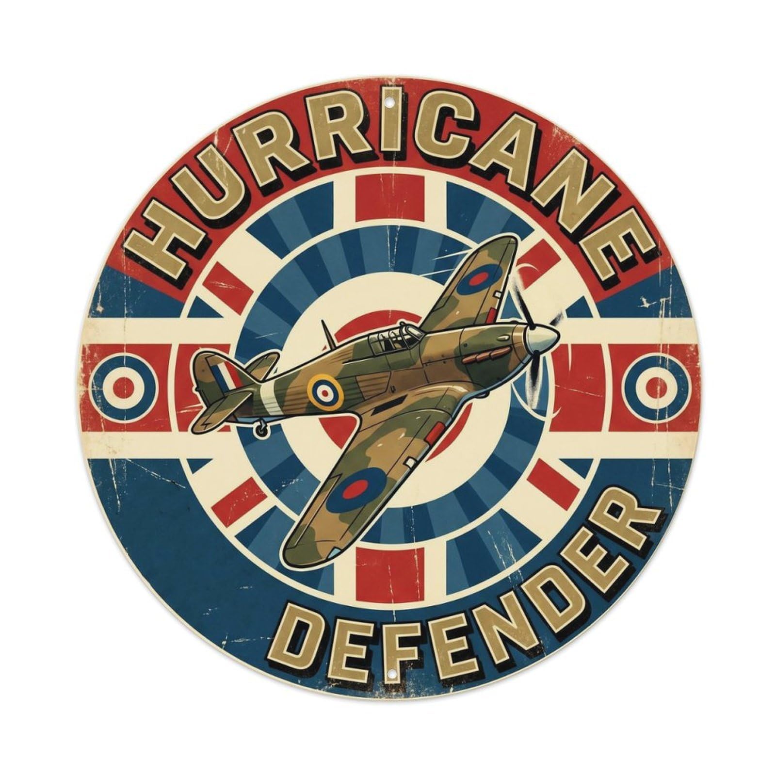 Hurricane British WWII Military Fighter Aircraft Roll Metal Tin Sign Plaque Wall Decor for Cafe, Man Cave, Club Bar, Office, Home Garden Round Metal Poster 8x8Inch