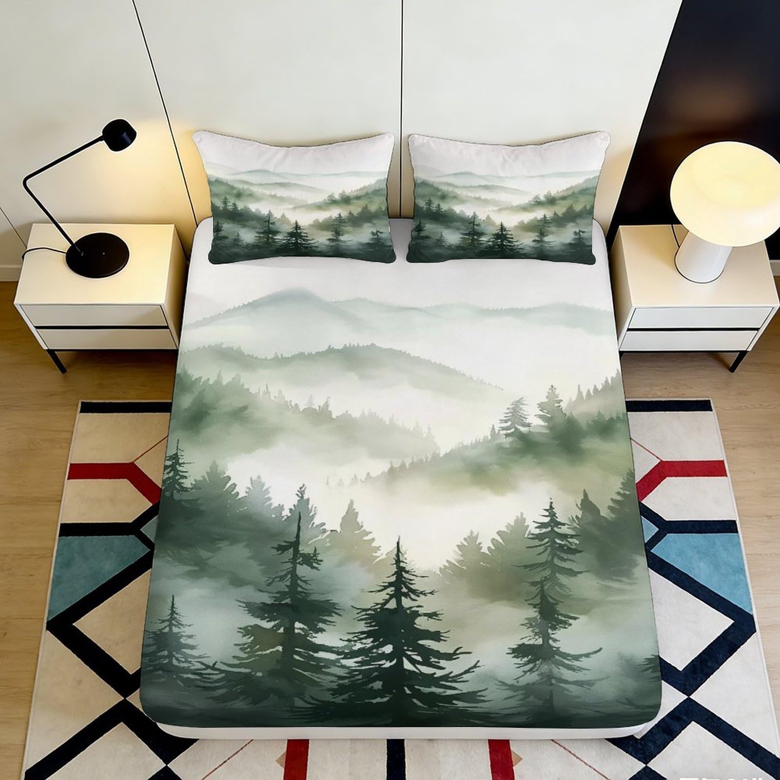 Pnayamiorkfel Style-5 3D Printed Misty Forest Fitted Sheet Microfiber Soft Breathable Mountain Landscape Mattress Cover Bedroom Decor 90X200x25cm