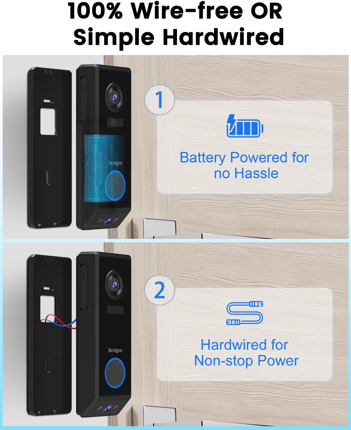 Bextgoo doorbell camera showing both battery-powered wire-free installation and hardwired installation options.