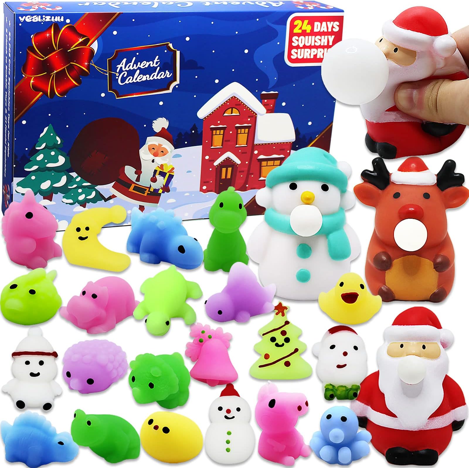 Advent Calendar 2024 for Kids, Christmas Calendar Countdown Toys with 24PCS Various Cute Relief Stress Toys, 3 Pinch to Bubble Toys & 21 Mochi Squishy Toys, for Boys Girls
