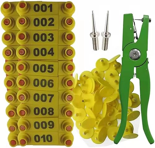 Sheep Ear Tags 100pcs Tag Livestock Animal Ear Tag Sheep Pliers 001-100 Ear Tags for Goat Identification Kit with 2pcs Pins for Installing Cattle
