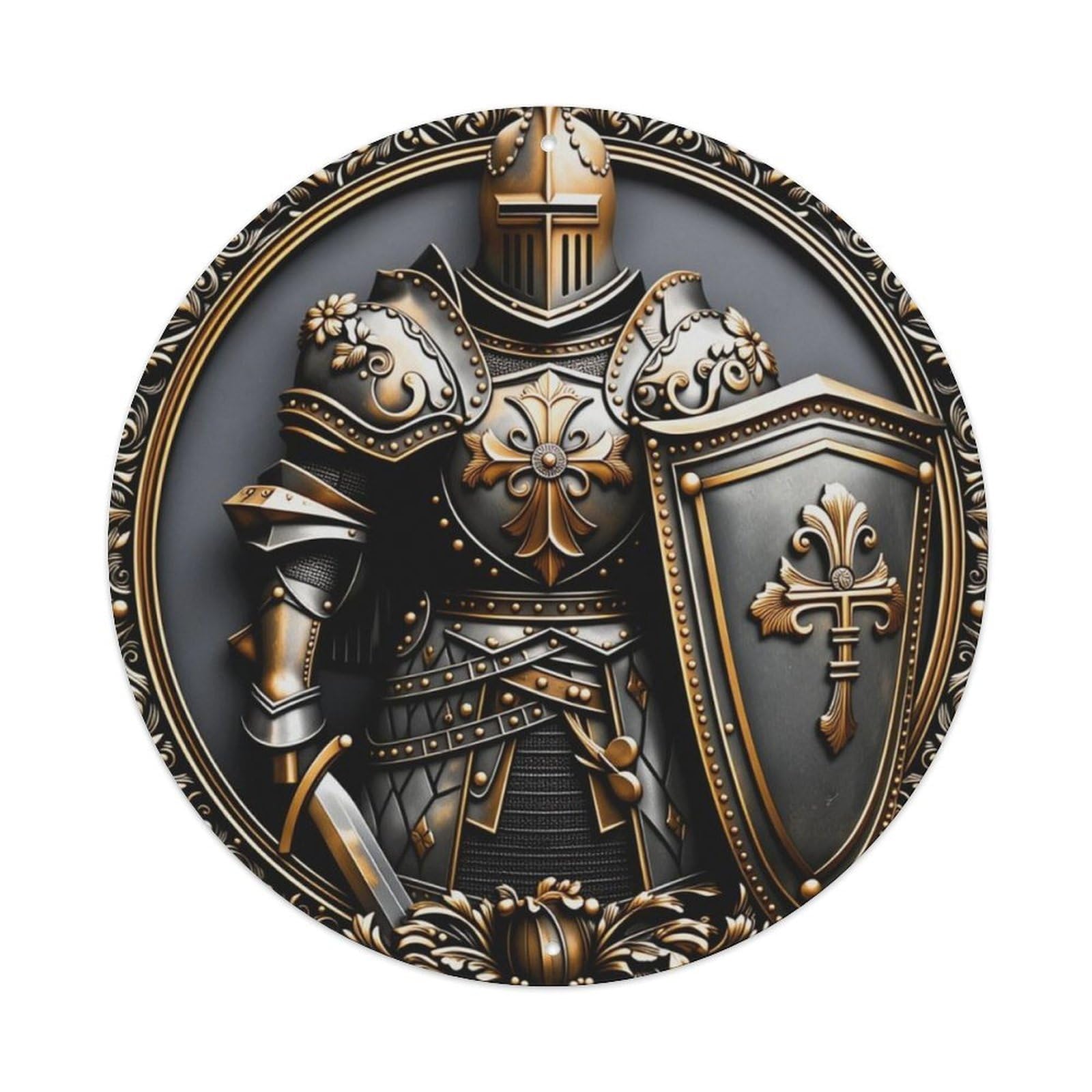 Vintage Medieval Knight Armor Round Decor Sign Vintage Aluminium Metal Sign, Retro Wall Decor for Home, Bar, Garage & Farmhouse 20x20cm