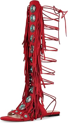 richealnini Back Lace Up Knee High Flats Sandals for Women with Turquoise Stones Fringed Strappy High Heels Summer Dressy