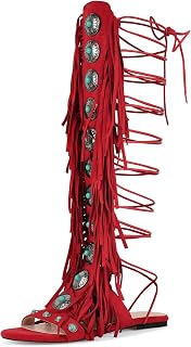 LISHAN Womens Jewel Fringe Open Toe Flat Long Sandals Lace Up Bohemia Tassel Shoes