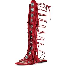LISHAN Womens Jewel Fringe Open Toe Flat Long Sandals Lace Up Bohemia Tassel Shoes