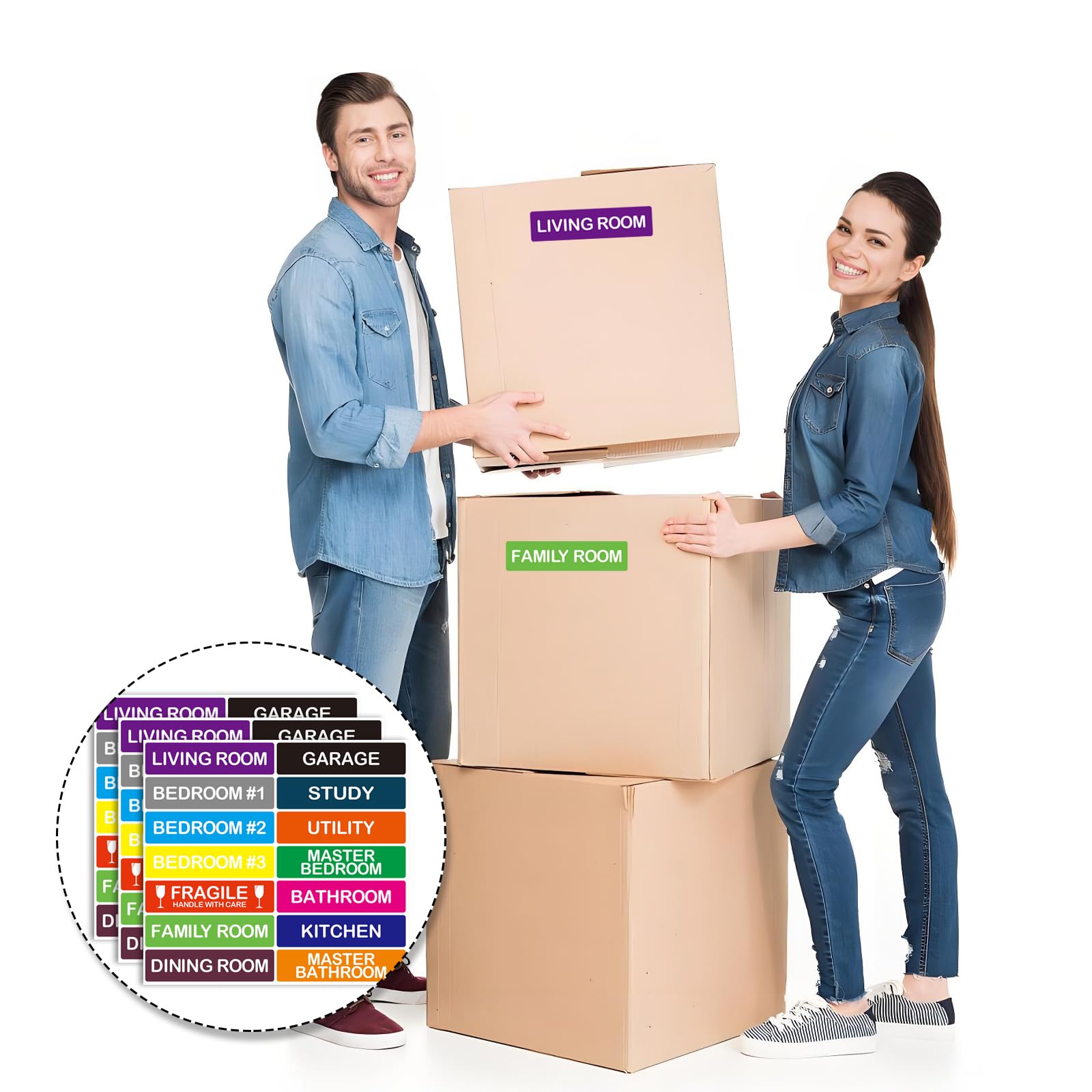 Etichette per traslochi, 280 pezzi, adesivi codificati a colori, etichette per traslochi, etichette adesive fragili per scatole di trasloco, elementi essenziali per la casa
