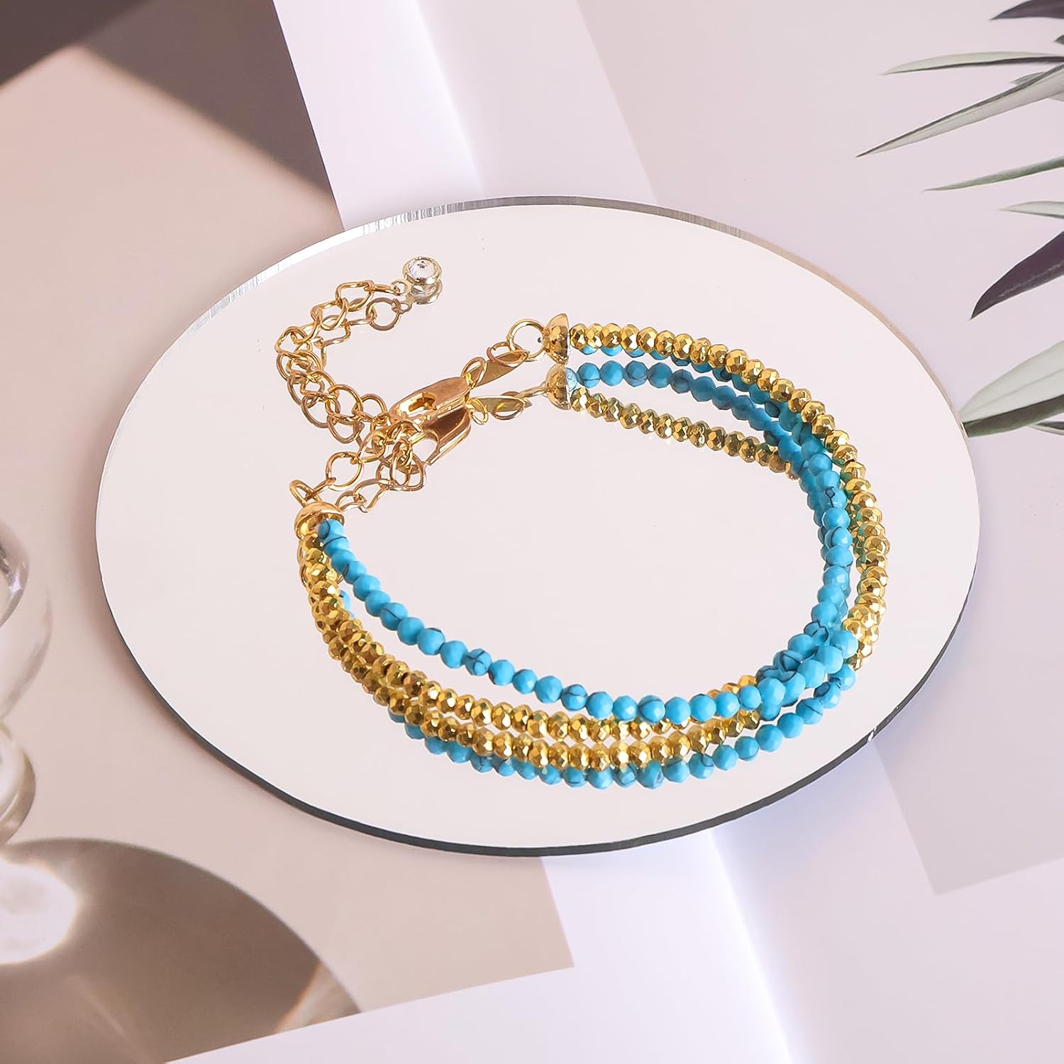 GVUSMIL Bead Bracelet for Women Layered Stone Mixed Bracelets Handmade 18K Gold Plated Beaded Chain Bracelet boho bracelets Adjustable Stackable Bracelet (Turquoise) - Image 4