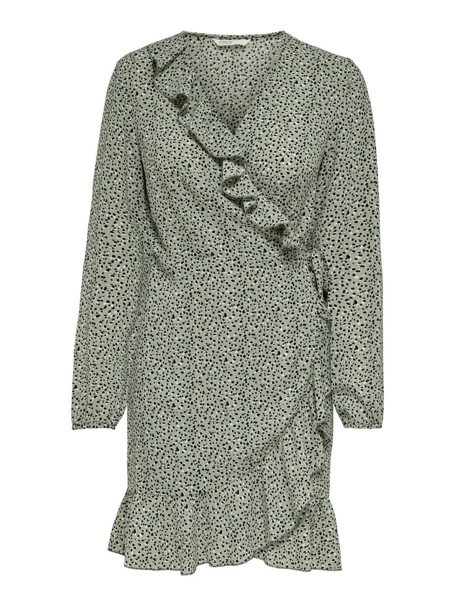 ONLY Damen Onlcarly L/S Wrap Short Dress Noos WVN Kleid, Seagrass/Multi Dot, L EU