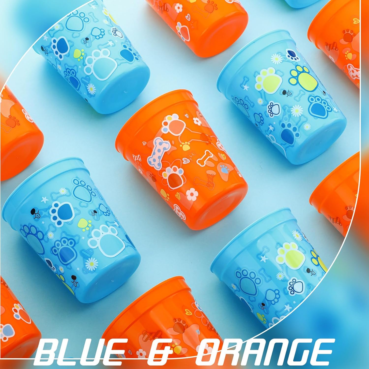 Qinyoung 24 Pcs Blue Dog Birthday Party Supplies 16 oz Plastic Cups Reusable Dog Paw Themed Cups for Birthday Decorations Easter Party Favors for Smoothie, Juice(Blue Orange) - Image 5