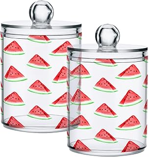 Kigai Watermelon Slices Watercolor Qtip Dispenser Apothecary Jars Bathroom, 2 Pack of 14 oz - Qtip Holder Storage Canister Clear Plastic Jar for Cotton Ball, Cotton Swab, Floss