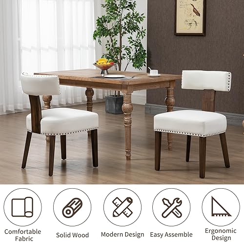 Miniatura 5 de Juego de 2 sillas de comedor tapizadas de madera, sillas de comedor de tela moderna de mediados de siglo con patas de madera, respaldo curvado,