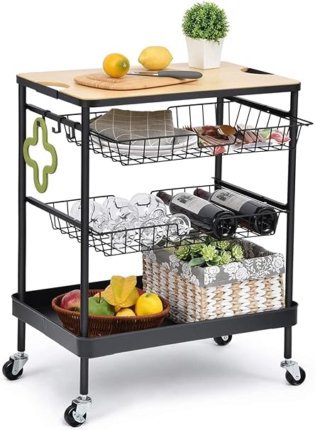 Indian Decor. RW790 Kitchen Serving Cart with Utility Wood Tabletop, 4-Tier Rolling Storage Cart with 2 Basket Drawers, Universal Lockable Casters for Home, Dining Room, Office, Restaurant, Hotel-