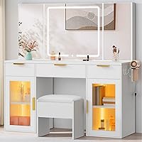 YITAHOME 56" LED Makeup Vanity Desk with Tri-Fold Lighted Mirror, RGB Glass Storage & 3 Drawers
