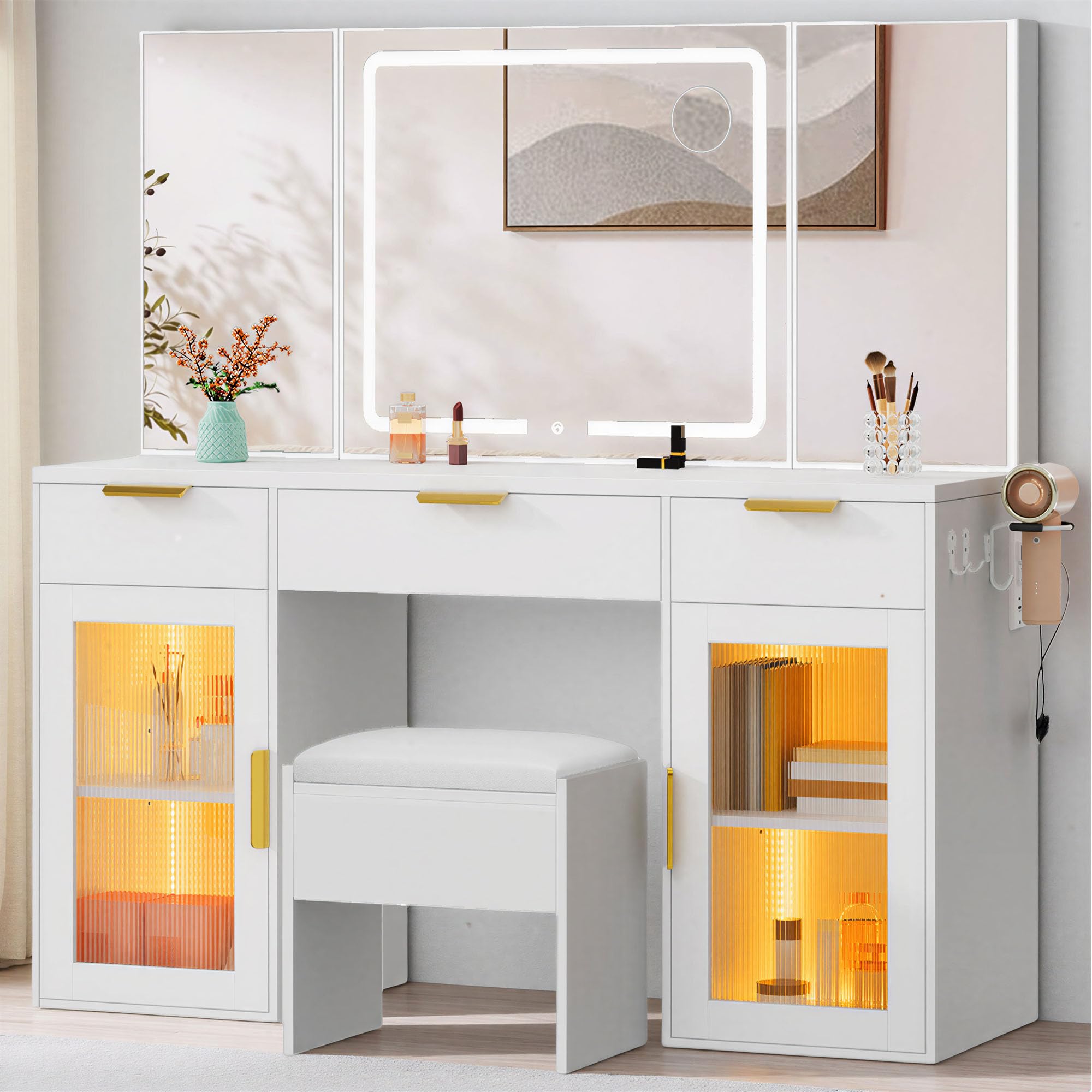 YITAHOME 56" LED Vanity Desk with Tri-Fold Mirror & Lights, RGB Glass Storage, 3 Drawers