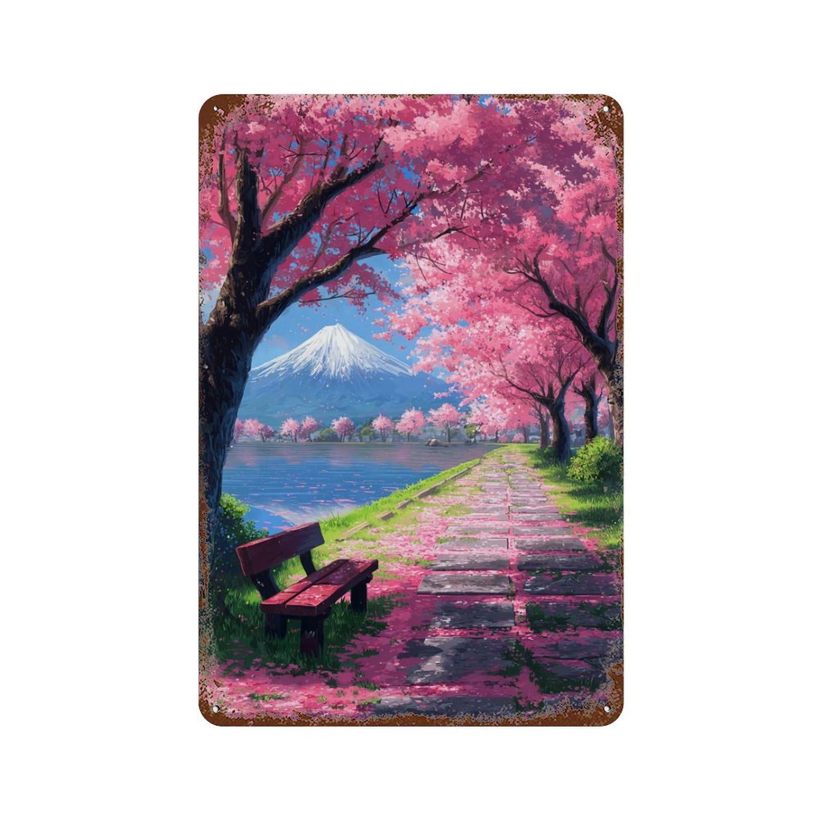 Cherry Blossom Pathway Scene-3 Vintage Wall Sign 11.8"x7.9", Rust Effect Metal Decor for Garage, Bar And Workshop Decor