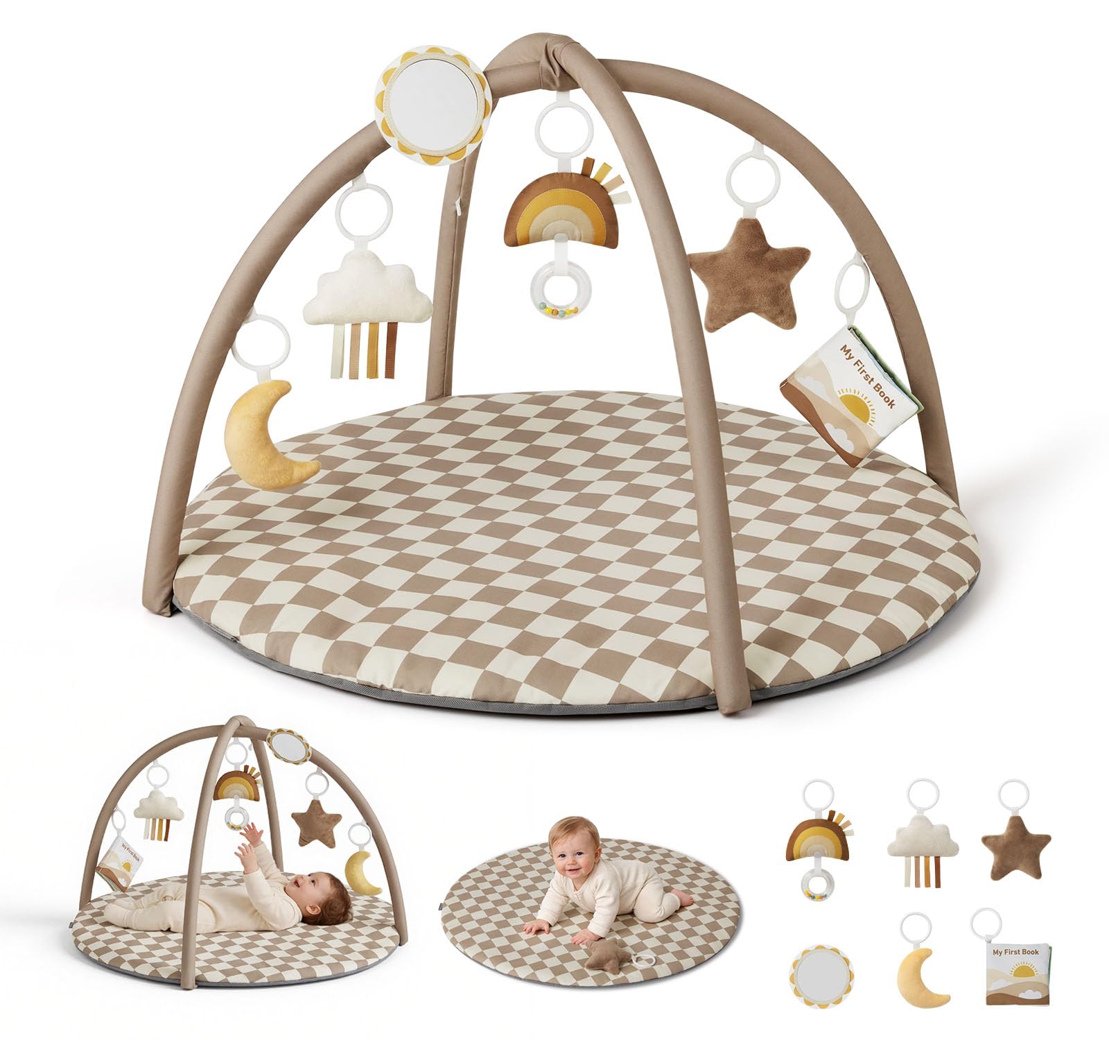 Blissful Diary Baby Play Gym Mat, Play Mat Activity Mat with 6 Detachable Toys for Stage-Based Sensory & Motor Skill Development, Easy to Install & Clean, Baby Essentials Gift, Brown Checkerboard
